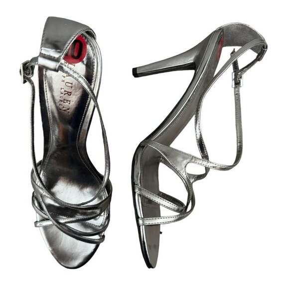 LAUREN Ralph Lauren Abriella Heels Metallic Silver Strappy Stiletto Womens 10B - Picture 4 of 11